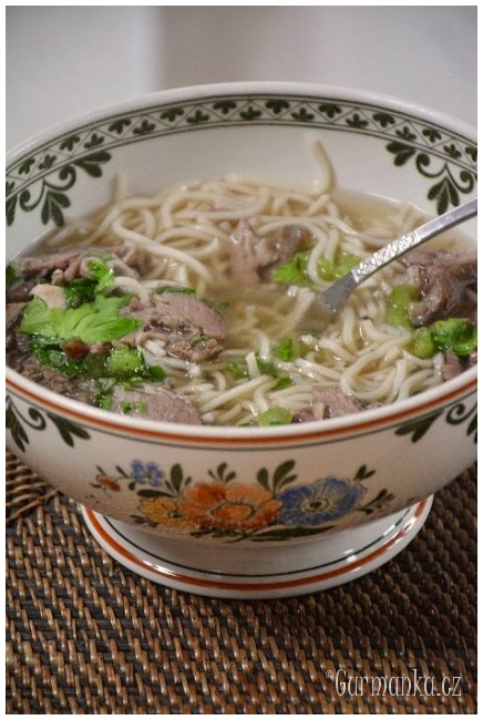 silný hovězí vývar s nudlemi, vietnamská polévka PHO BO
